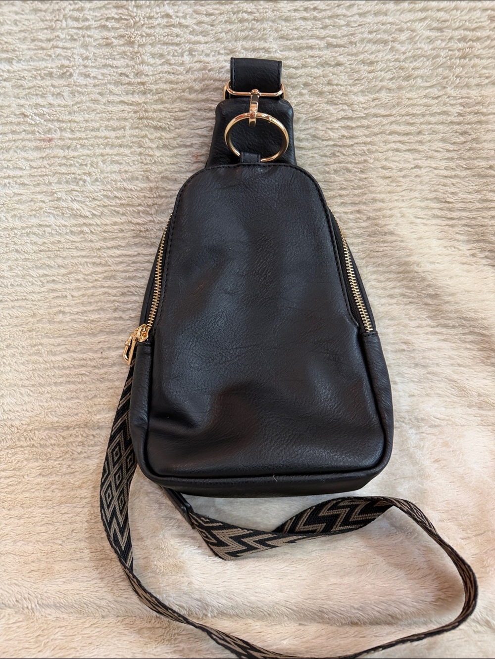 Black Leather Sling Bag with Gold Hardware - Women's Crossbody